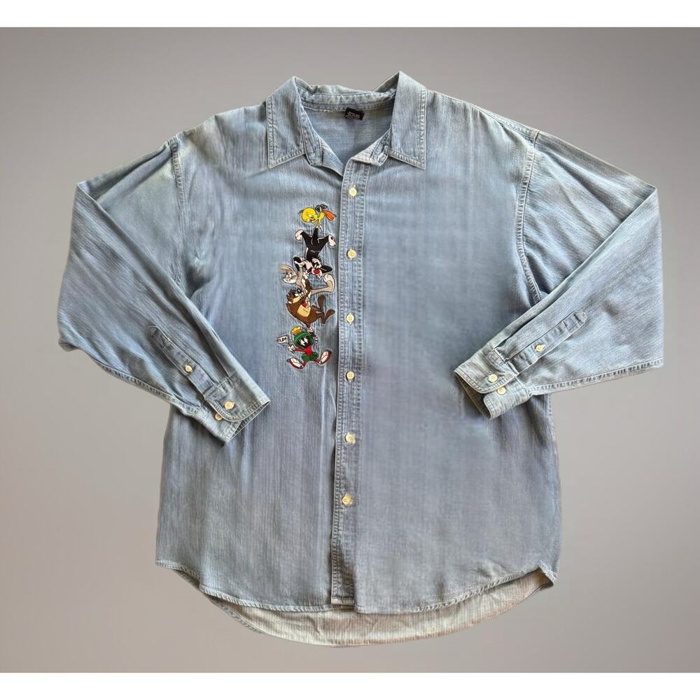 Vintage Looney Tunes Denim Shirt Size XL Blue Button Up Long Sleeve Warner Bros